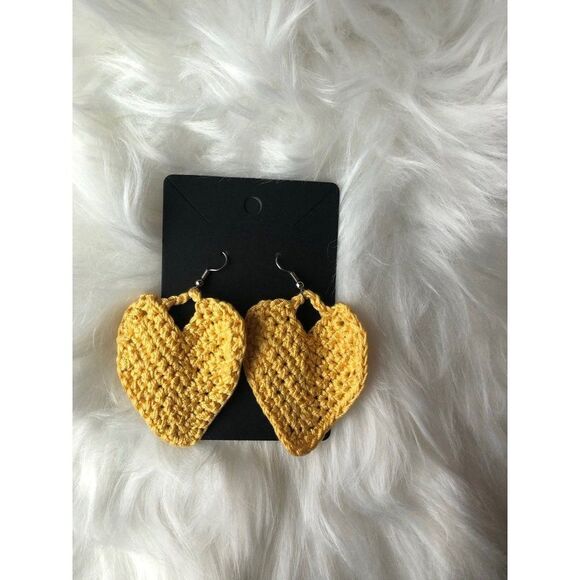 Brand New Handmade Crochet‎ Earring Yellow Heart Pattern 100% Cotton For Women - Picture 2 of 2
